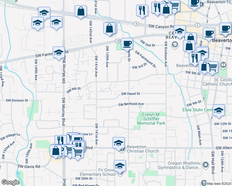 map of restaurants, bars, coffee shops, grocery stores, and more near 13745 Southwest Hazel Street in Beaverton