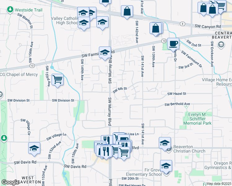 map of restaurants, bars, coffee shops, grocery stores, and more near in Beaverton