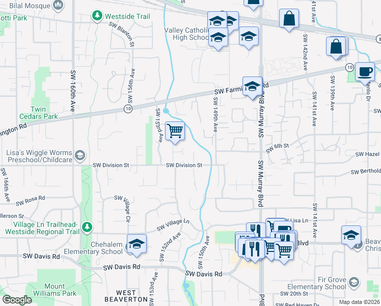 map of restaurants, bars, coffee shops, grocery stores, and more near 5315 Southwest 150th Court in Beaverton