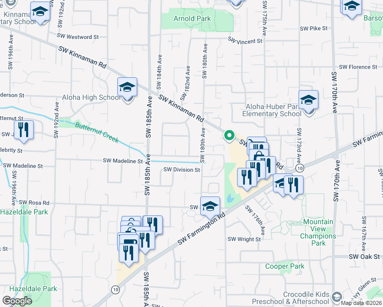 map of restaurants, bars, coffee shops, grocery stores, and more near 18110 Southwest Madeline Street in Aloha