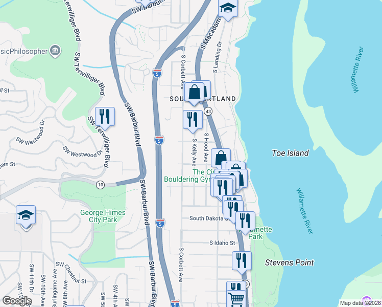 map of restaurants, bars, coffee shops, grocery stores, and more near 5773 South Kelly Avenue in Portland