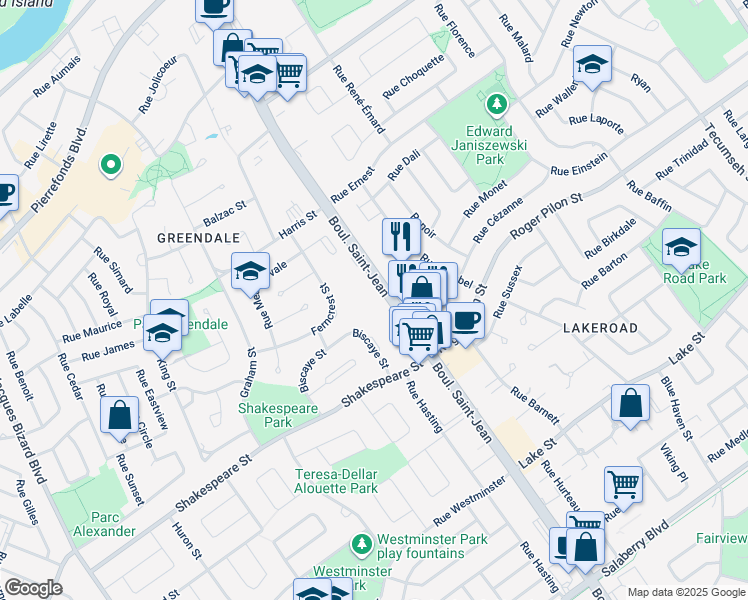 map of restaurants, bars, coffee shops, grocery stores, and more near in Dollard-Des Ormeaux