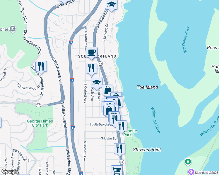 map of restaurants, bars, coffee shops, grocery stores, and more near Southwest Riverside Lane in Portland