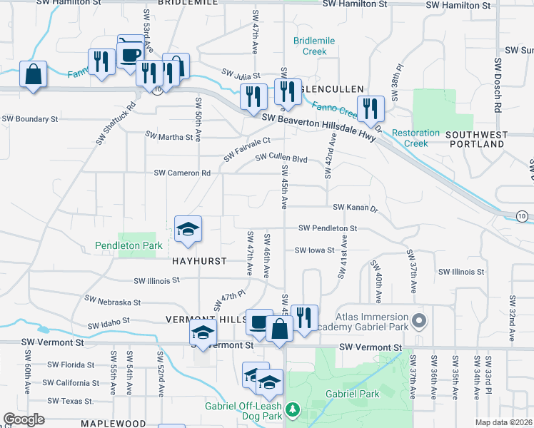 map of restaurants, bars, coffee shops, grocery stores, and more near 4654 Southwest Flower Place in Portland