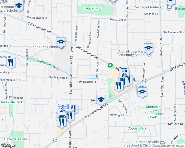 map of restaurants, bars, coffee shops, grocery stores, and more near 5270 Southwest 182nd Avenue in Beaverton