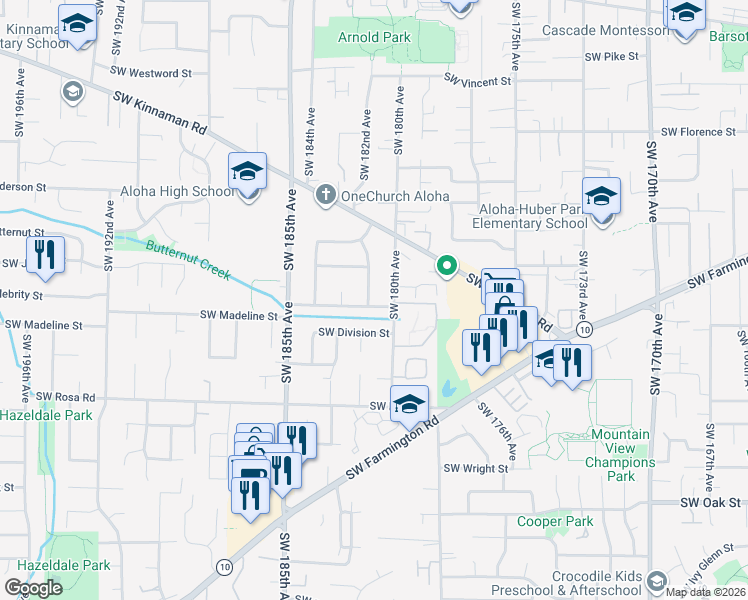 map of restaurants, bars, coffee shops, grocery stores, and more near 5270 Southwest 182nd Avenue in Beaverton