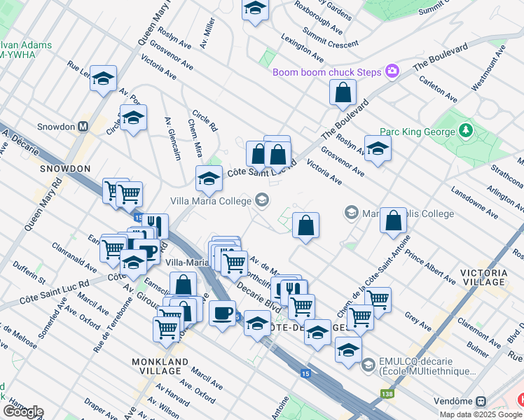 map of restaurants, bars, coffee shops, grocery stores, and more near 4245 Boulevard Décarie in Montréal