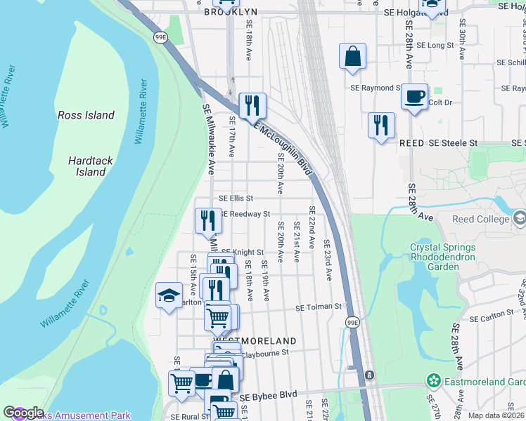 map of restaurants, bars, coffee shops, grocery stores, and more near 1845 Southeast Reedway Street in Portland