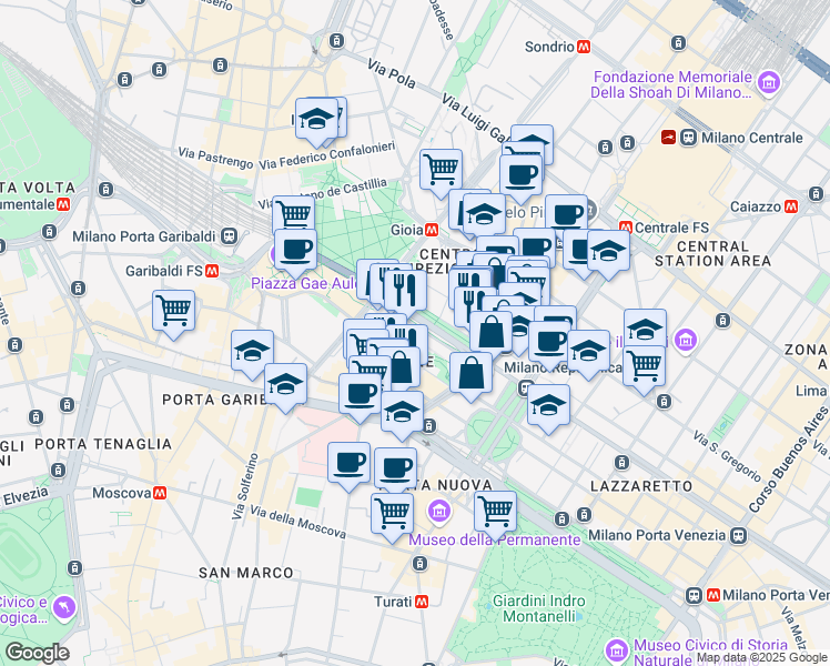 map of restaurants, bars, coffee shops, grocery stores, and more near 13 Viale della Liberazione in Milano