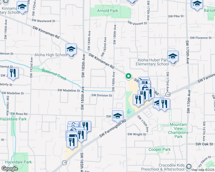 map of restaurants, bars, coffee shops, grocery stores, and more near 18110 Southwest Madeline Street in Aloha