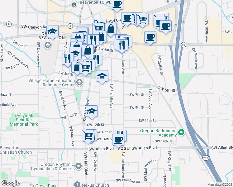 map of restaurants, bars, coffee shops, grocery stores, and more near 5218 Southwest Franklin Avenue in Beaverton
