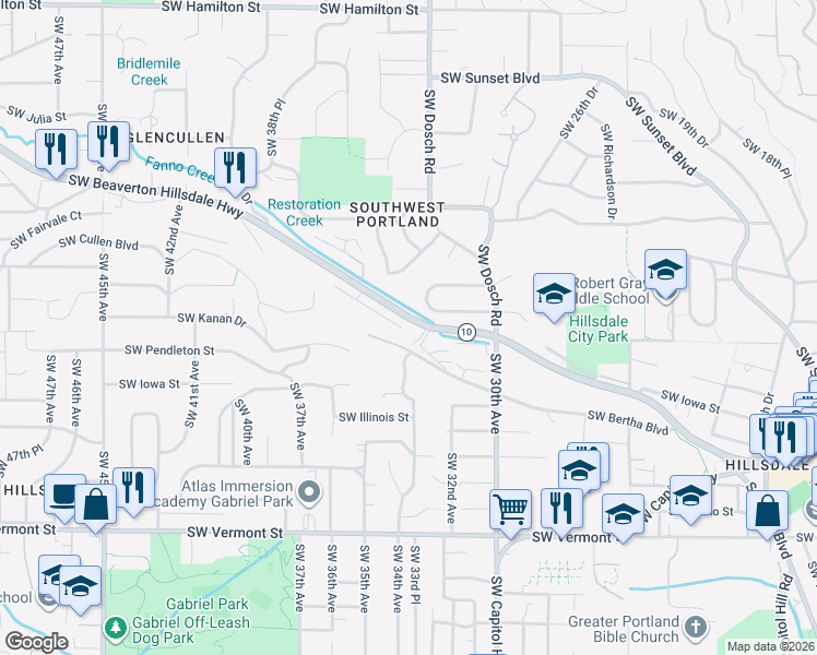 map of restaurants, bars, coffee shops, grocery stores, and more near 3328 Southwest Beaverton Hillsdale Highway in Portland