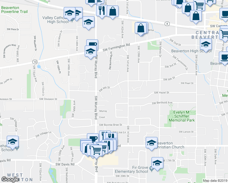 map of restaurants, bars, coffee shops, grocery stores, and more near 5250 Southwest Colony Court in Beaverton