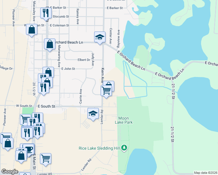 map of restaurants, bars, coffee shops, grocery stores, and more near 1855 Kern Avenue in Rice Lake