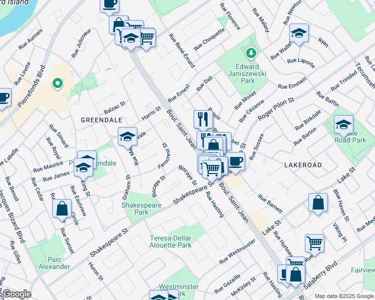 map of restaurants, bars, coffee shops, grocery stores, and more near in Dollard-Des Ormeaux