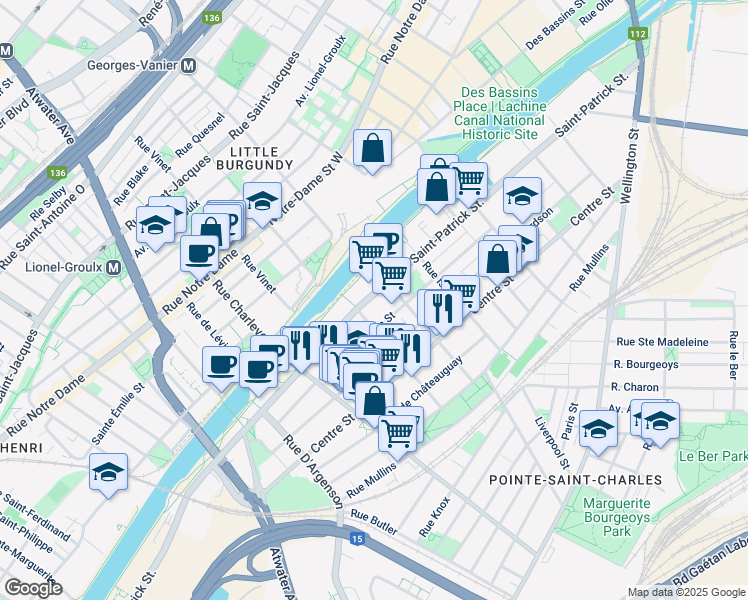 map of restaurants, bars, coffee shops, grocery stores, and more near 2350 Saint-Patrick Street in Montreal