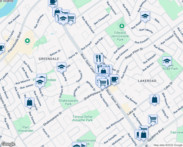 map of restaurants, bars, coffee shops, grocery stores, and more near in Dollard-Des Ormeaux
