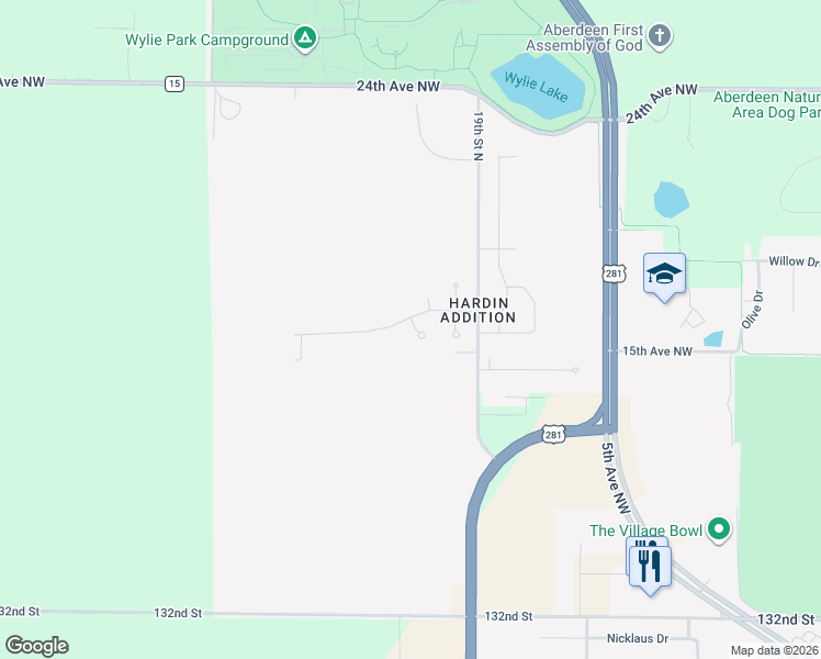 map of restaurants, bars, coffee shops, grocery stores, and more near 1515 Park Ridge Court in Aberdeen