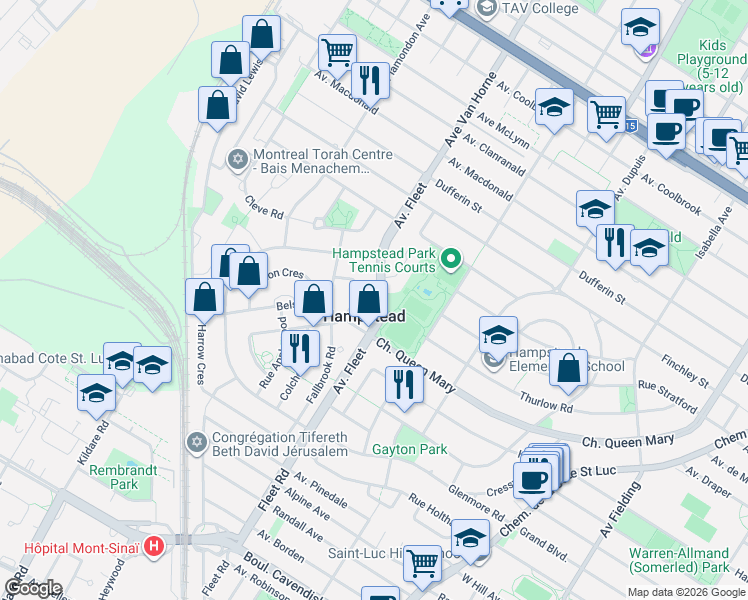 map of restaurants, bars, coffee shops, grocery stores, and more near 5871 Rue Fleet in Hampstead
