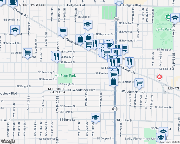 map of restaurants, bars, coffee shops, grocery stores, and more near 7723 Southeast Reedway Street in Portland