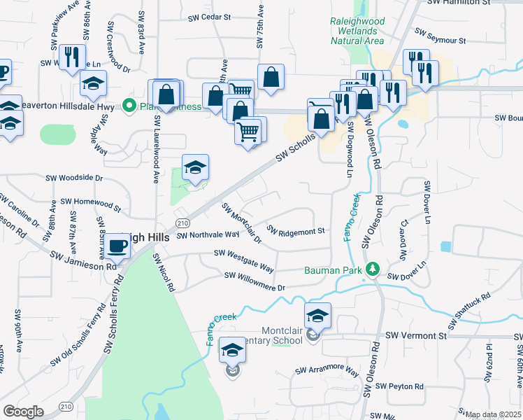 map of restaurants, bars, coffee shops, grocery stores, and more near 7534 Southwest Clear Hills Terrace in Portland