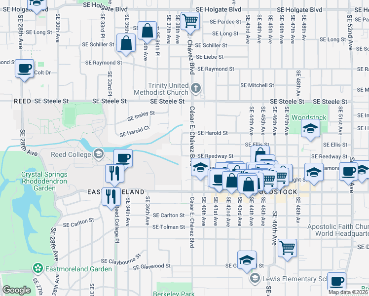 map of restaurants, bars, coffee shops, grocery stores, and more near 3812 Southeast Ellis Street in Portland