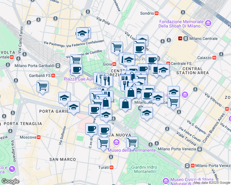 map of restaurants, bars, coffee shops, grocery stores, and more near Viale della Liberazione in Milano