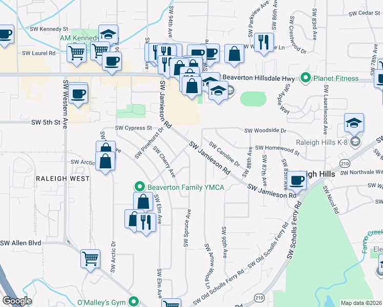 map of restaurants, bars, coffee shops, grocery stores, and more near 5270 Southwest Spruce Avenue in Beaverton