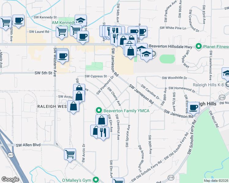 map of restaurants, bars, coffee shops, grocery stores, and more near 5320 Southwest Cherry Avenue in Beaverton