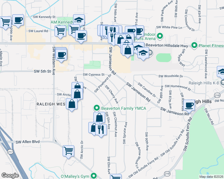 map of restaurants, bars, coffee shops, grocery stores, and more near 5320 Southwest Cherry Avenue in Beaverton