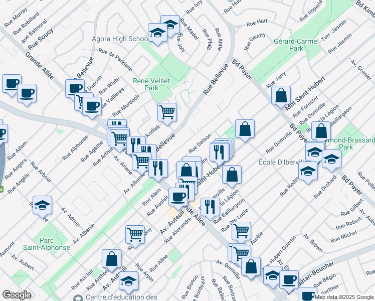 map of restaurants, bars, coffee shops, grocery stores, and more near 5360 Rue Delson in Longueuil