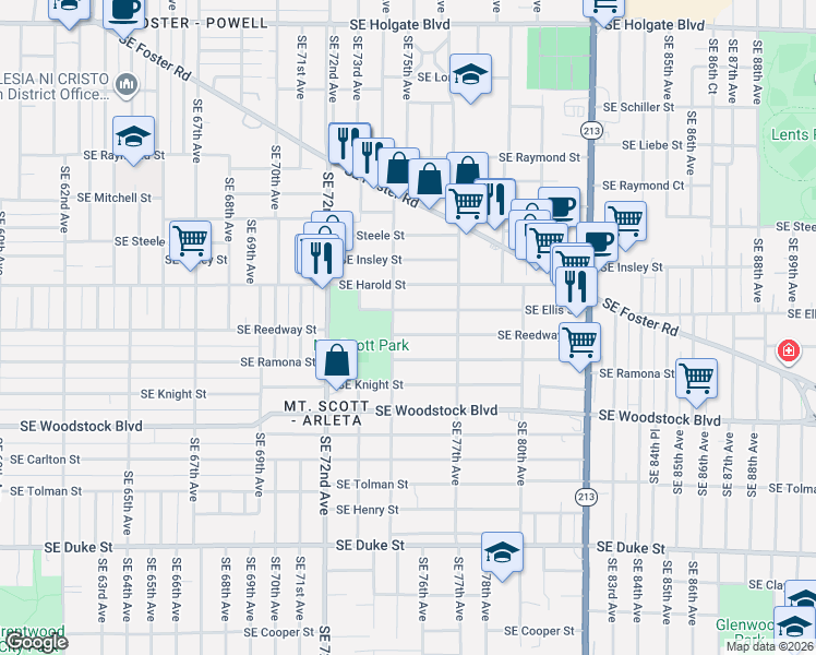 map of restaurants, bars, coffee shops, grocery stores, and more near 7419 Southeast Reedway Street in Portland