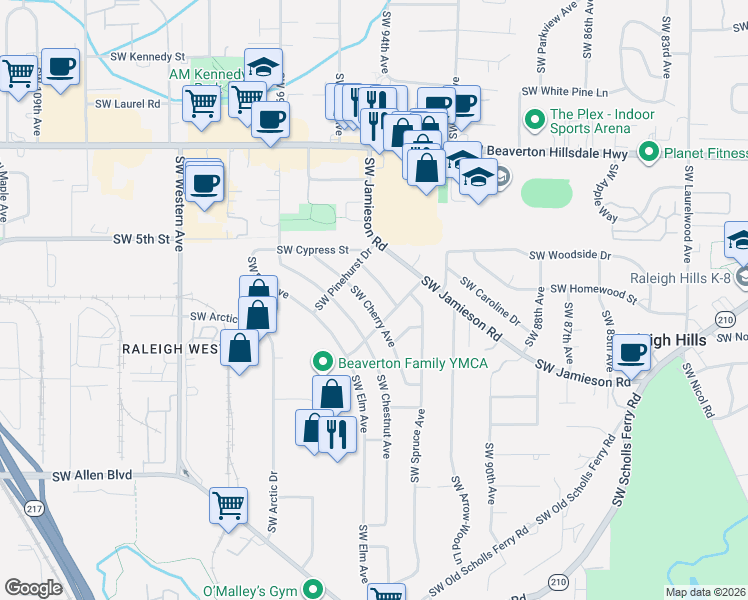 map of restaurants, bars, coffee shops, grocery stores, and more near 5320 Southwest Cherry Avenue in Beaverton