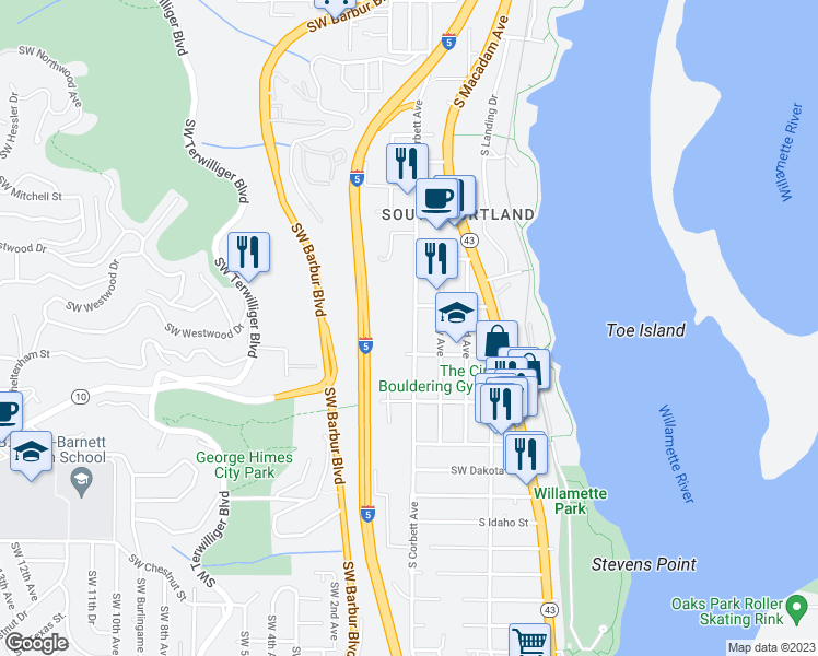 map of restaurants, bars, coffee shops, grocery stores, and more near 5735 South Corbett Avenue in Portland