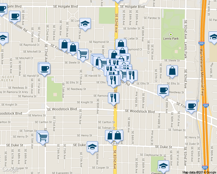 map of restaurants, bars, coffee shops, grocery stores, and more near 8104 Southeast Reedway Street in Portland