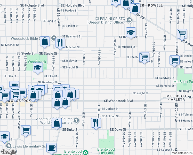 map of restaurants, bars, coffee shops, grocery stores, and more near 5918 Southeast Reedway Street in Portland