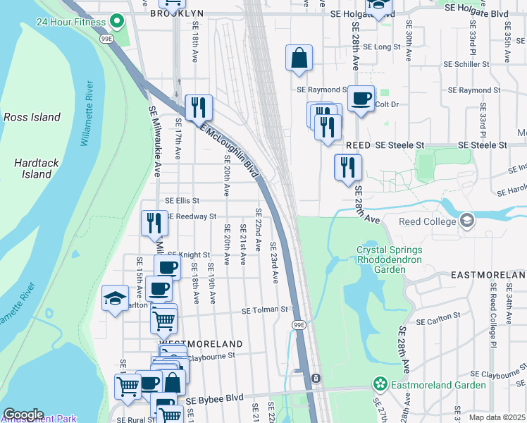 map of restaurants, bars, coffee shops, grocery stores, and more near in Portland