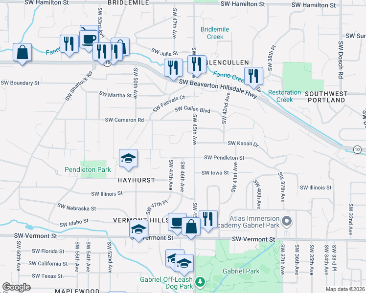 map of restaurants, bars, coffee shops, grocery stores, and more near 4545 Southwest Pendleton Street in Portland