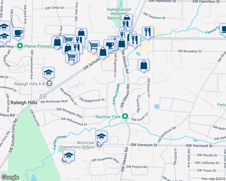 map of restaurants, bars, coffee shops, grocery stores, and more near 5300 Southwest Dogwood Lane in Portland