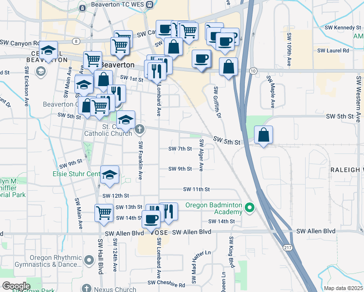 map of restaurants, bars, coffee shops, grocery stores, and more near 11850 Southwest 7th Street in Beaverton
