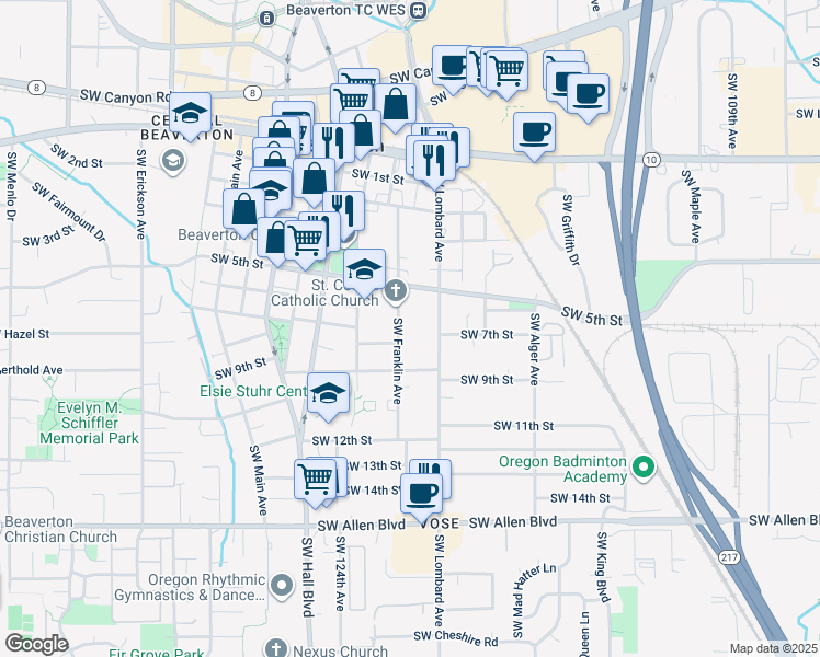 map of restaurants, bars, coffee shops, grocery stores, and more near 5270 Southwest Franklin Avenue in Beaverton
