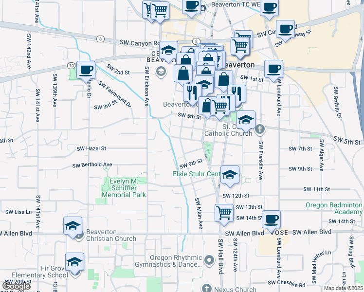 map of restaurants, bars, coffee shops, grocery stores, and more near 5295 Southwest Main Avenue in Beaverton