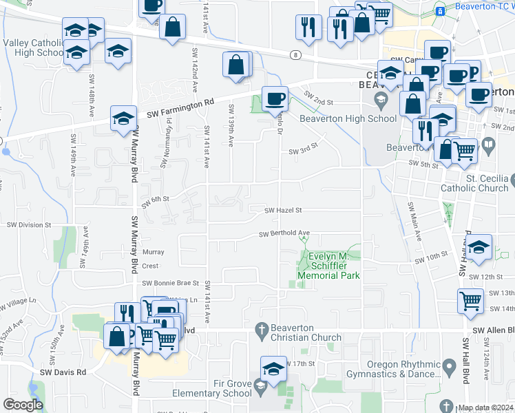 map of restaurants, bars, coffee shops, grocery stores, and more near 13745 Southwest Hazel Street in Beaverton