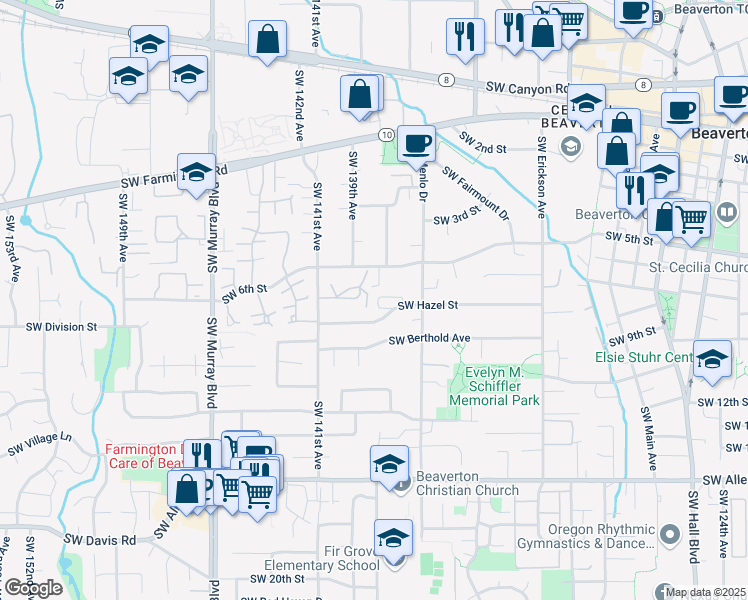 map of restaurants, bars, coffee shops, grocery stores, and more near 13745 Southwest Hazel Street in Beaverton