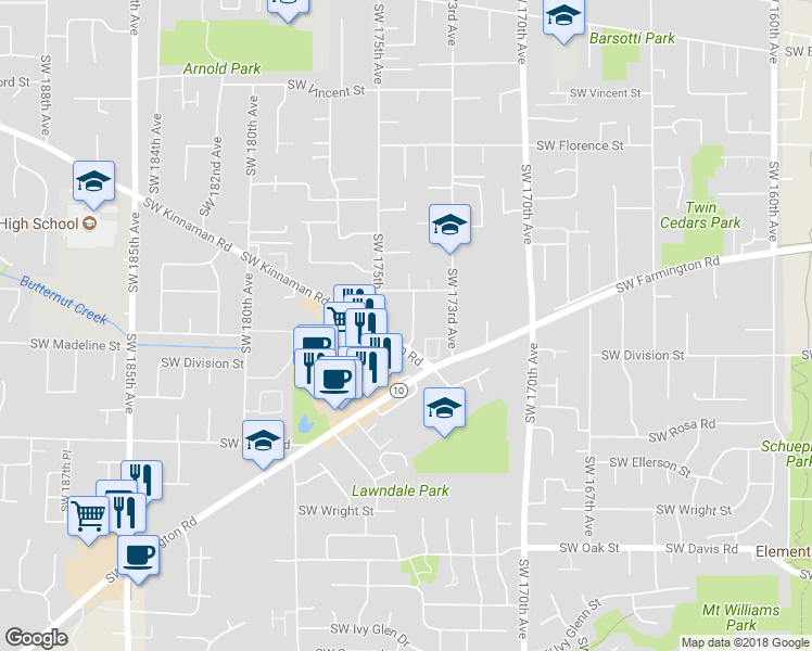 map of restaurants, bars, coffee shops, grocery stores, and more near 5280 Southwest 174th Terrace in Beaverton