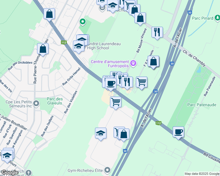 map of restaurants, bars, coffee shops, grocery stores, and more near Boulevard Cousineau in Longueuil