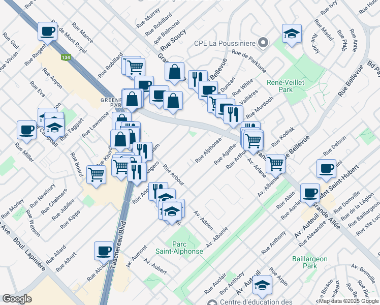map of restaurants, bars, coffee shops, grocery stores, and more near 5809 Rue Angèle in Brossard