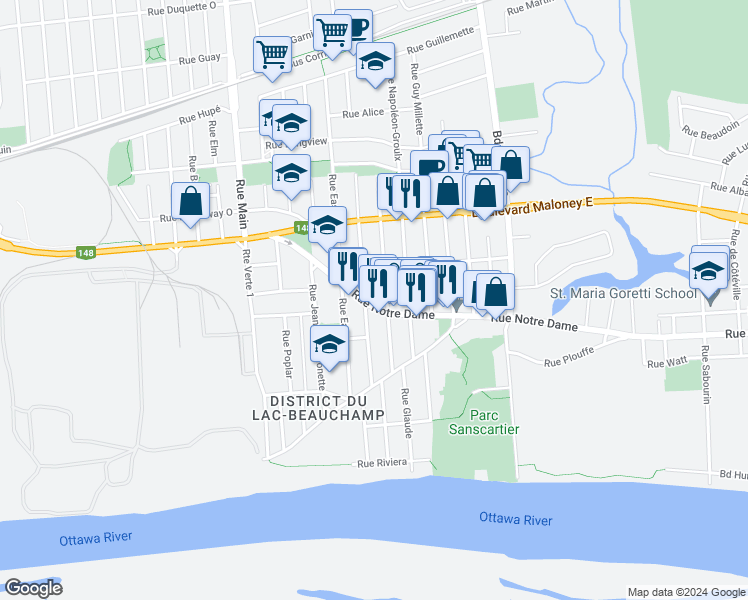 map of restaurants, bars, coffee shops, grocery stores, and more near 277 Rue Notre Dame in Gatineau