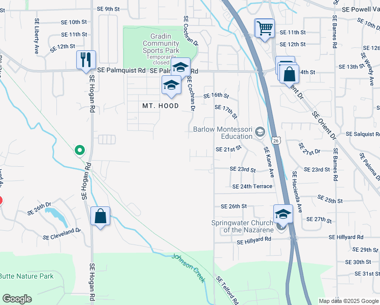 map of restaurants, bars, coffee shops, grocery stores, and more near 2213 Southeast Cochran Drive in Gresham