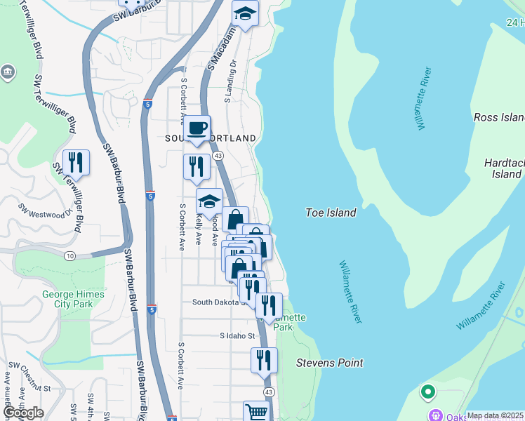 map of restaurants, bars, coffee shops, grocery stores, and more near 5754 South Riverpoint Lane in Portland